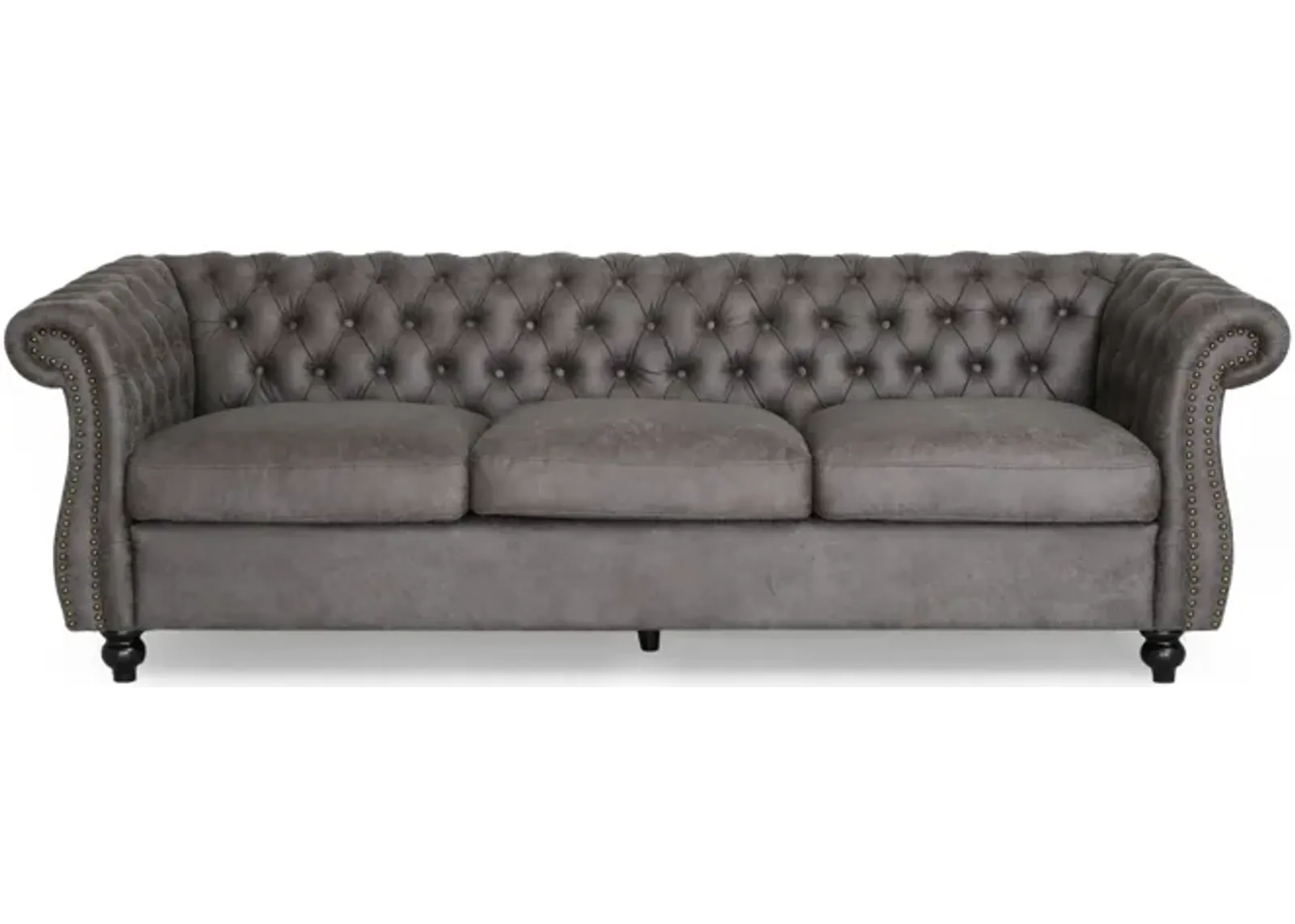 Feji Sofa, Button Tufted, Nailhead Trim, Slate Gray Microfiber - Benzara