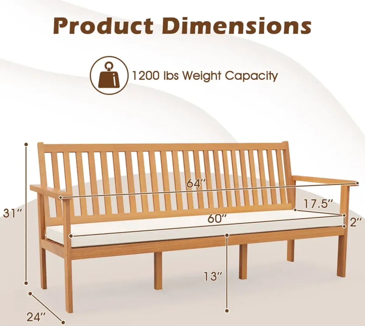 Outdoor 3-Seat Wood Bench with Seat Cushion and Slatted Seat