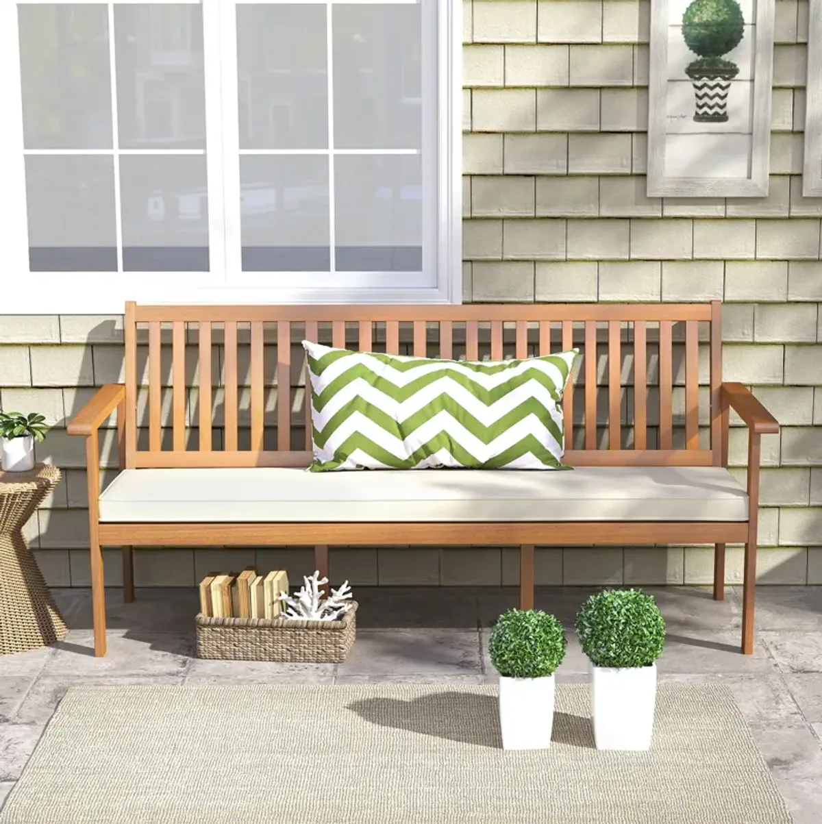 Outdoor 3-Seat Wood Bench with Seat Cushion and Slatted Seat