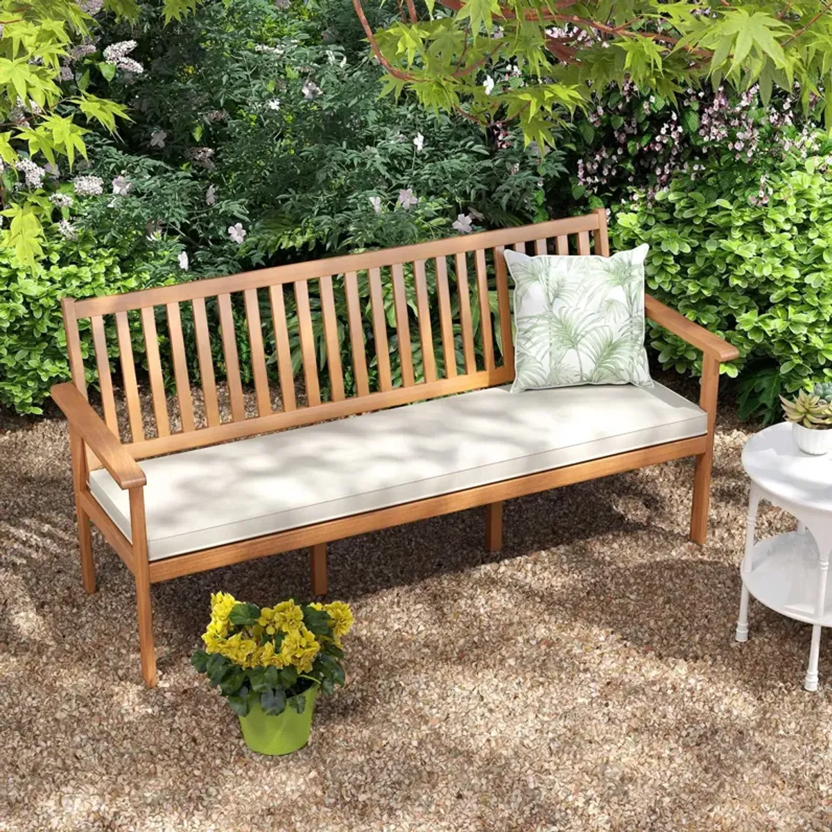 Outdoor 3-Seat Wood Bench with Seat Cushion and Slatted Seat