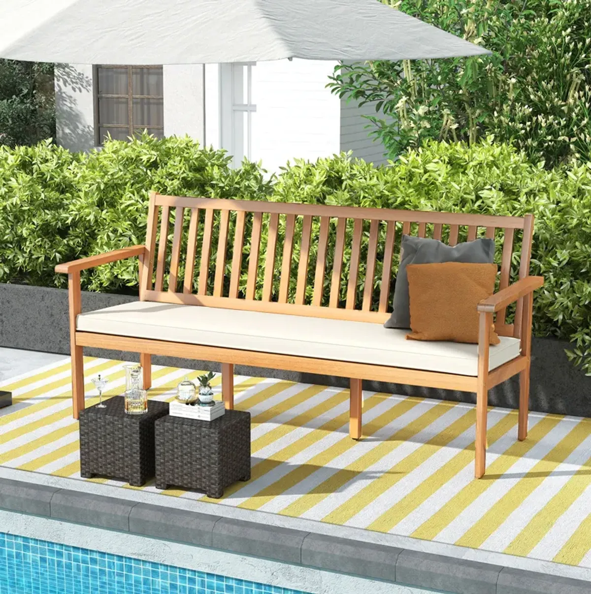 Outdoor 3-Seat Wood Bench with Seat Cushion and Slatted Seat