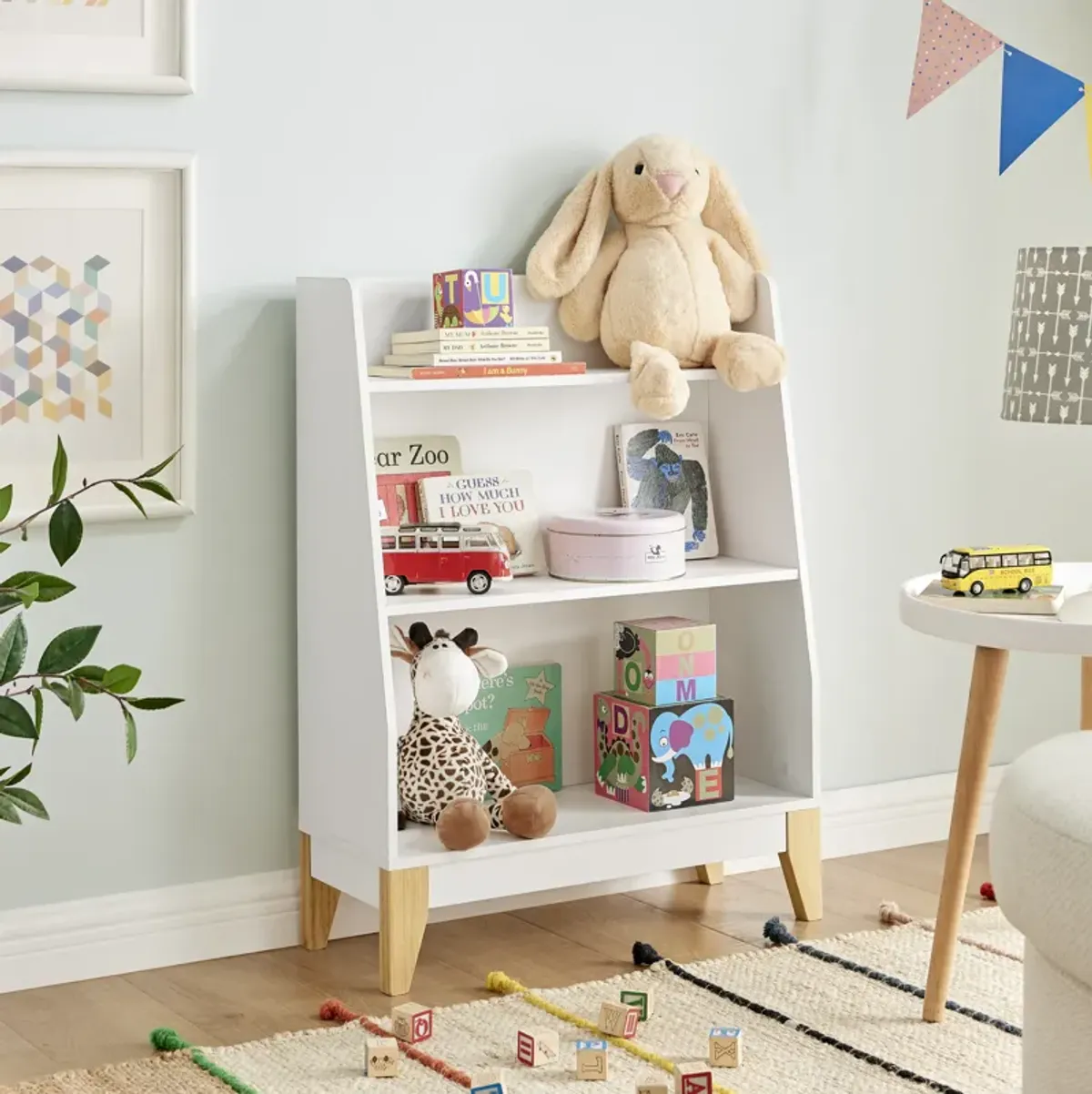 Steiner White 3-Tier Kids Book or Toy Figure Display Unit Freestanding Bookshelf with Contrasting Wood-Toned Legs