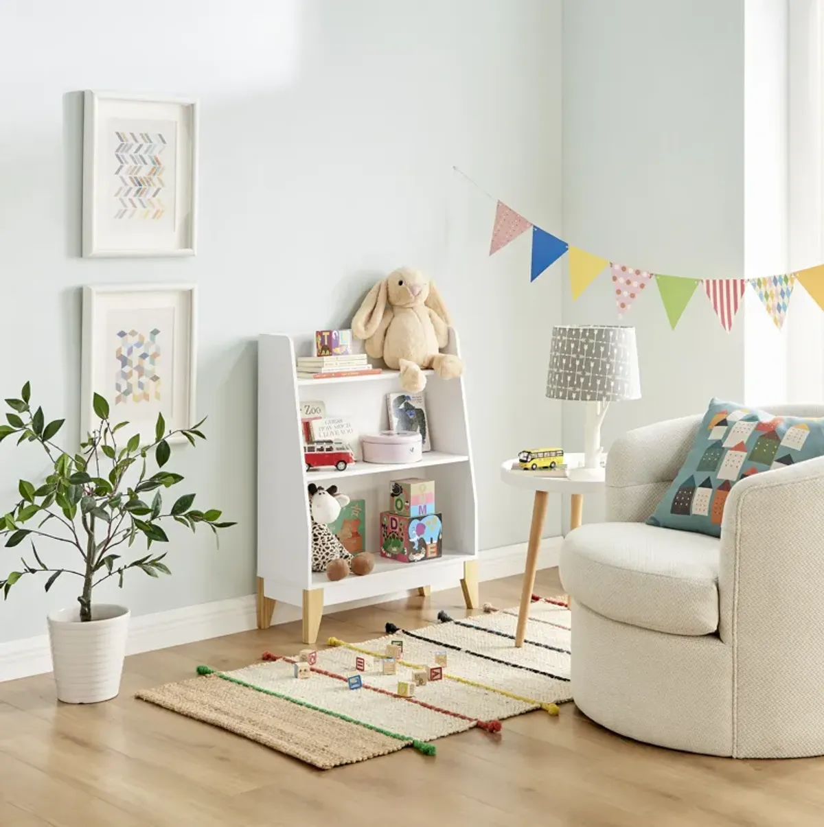 Steiner White 3-Tier Kids Book or Toy Figure Display Unit Freestanding Bookshelf with Contrasting Wood-Toned Legs