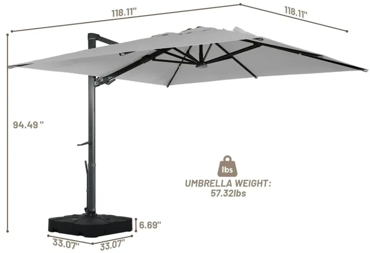 10 ft 360° Rotation Square Cantilever Patio Umbrella with BaseandLED Light in Gray