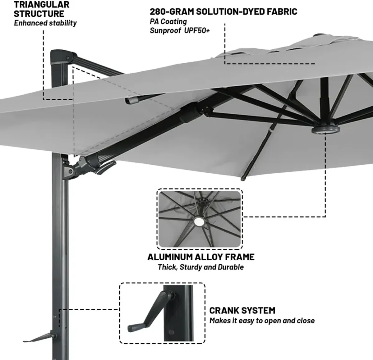 10 ft 360° Rotation Square Cantilever Patio Umbrella with BaseandLED Light in Gray