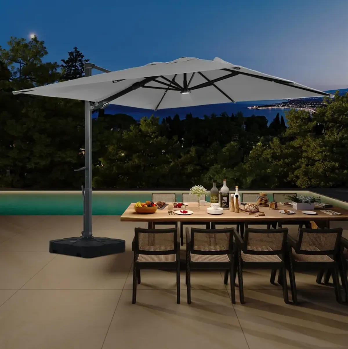 10 ft 360° Rotation Square Cantilever Patio Umbrella with BaseandLED Light in Gray