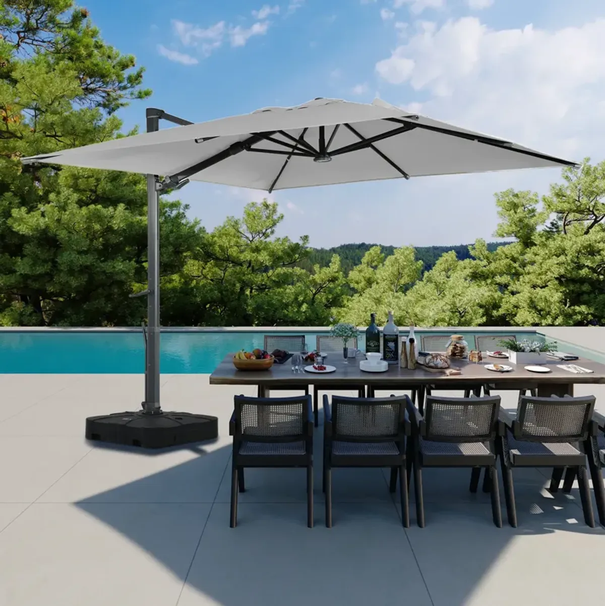 10 ft 360° Rotation Square Cantilever Patio Umbrella with BaseandLED Light in Gray