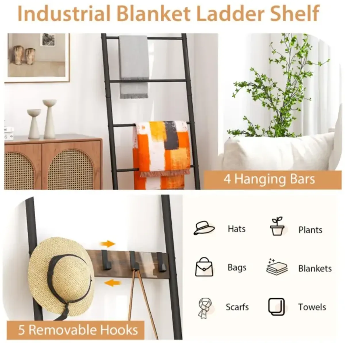 Hivvago Wall-Leaning Decorative Blanket Holder with 5 Removable Hooks