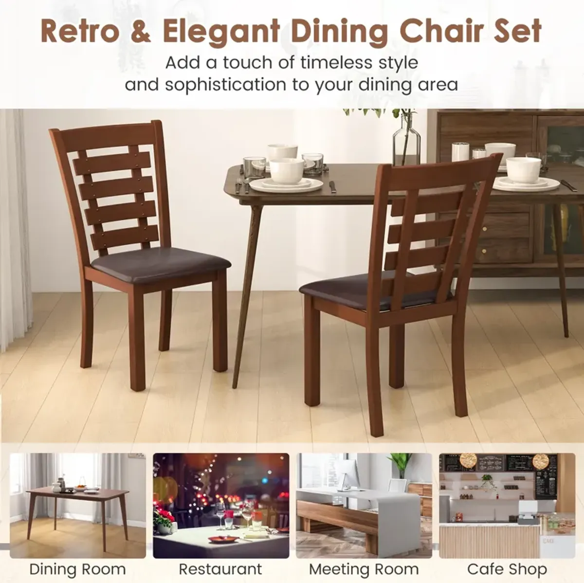 Wooden Dining Chairs Set of 2 with Upholstered Seat and Rubber Wood Frame-Brown