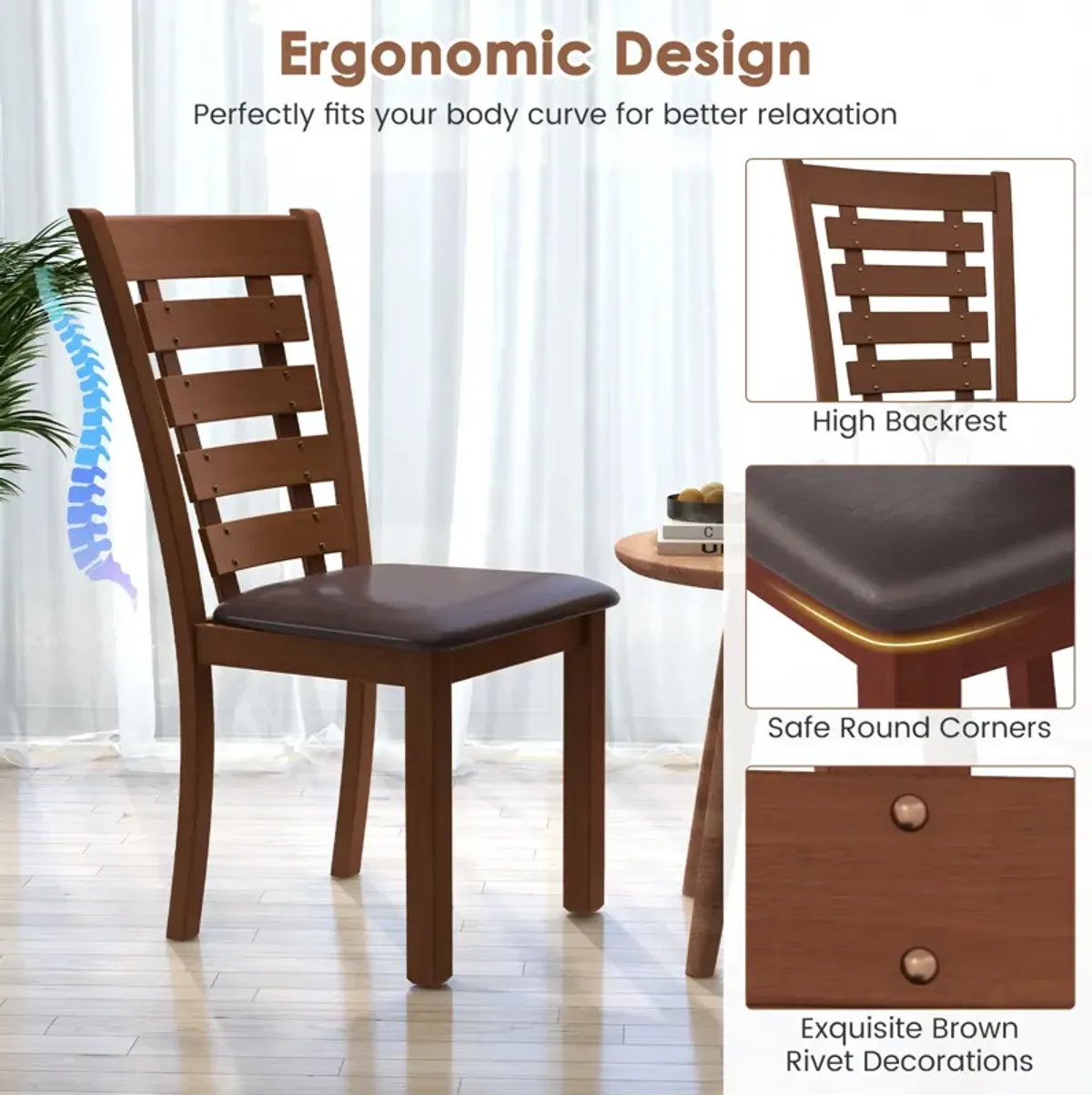 Wooden Dining Chairs Set of 2 with Upholstered Seat and Rubber Wood Frame-Brown