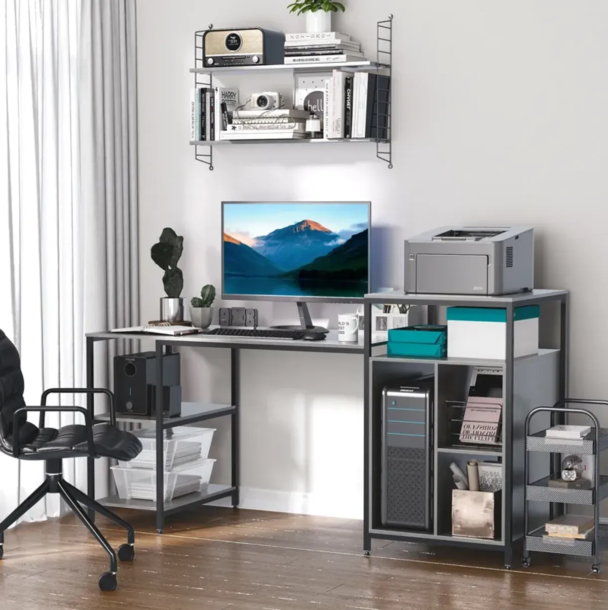 Computer Table with Shelves Home Office Desk Adjustable Feet, Wood Grain