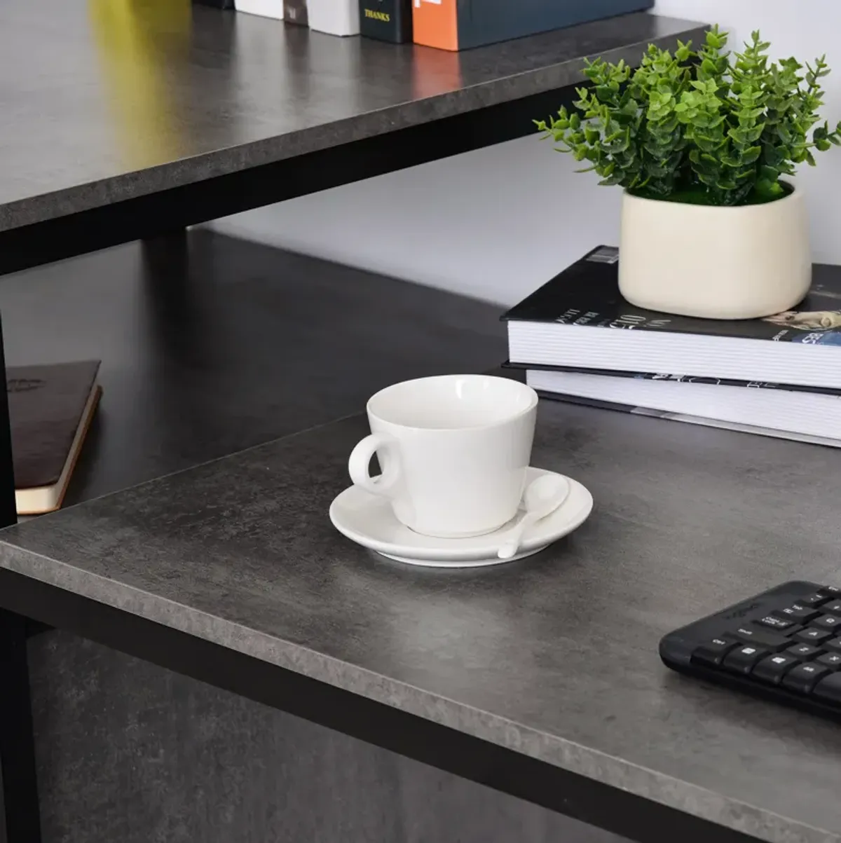 Computer Table with Shelves Home Office Desk Adjustable Feet, Wood Grain