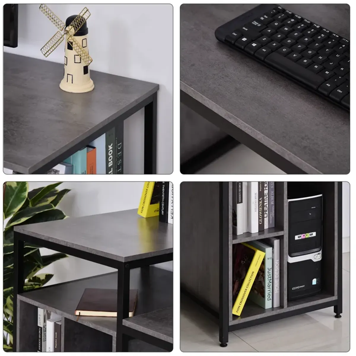 Computer Table with Shelves Home Office Desk Adjustable Feet, Wood Grain