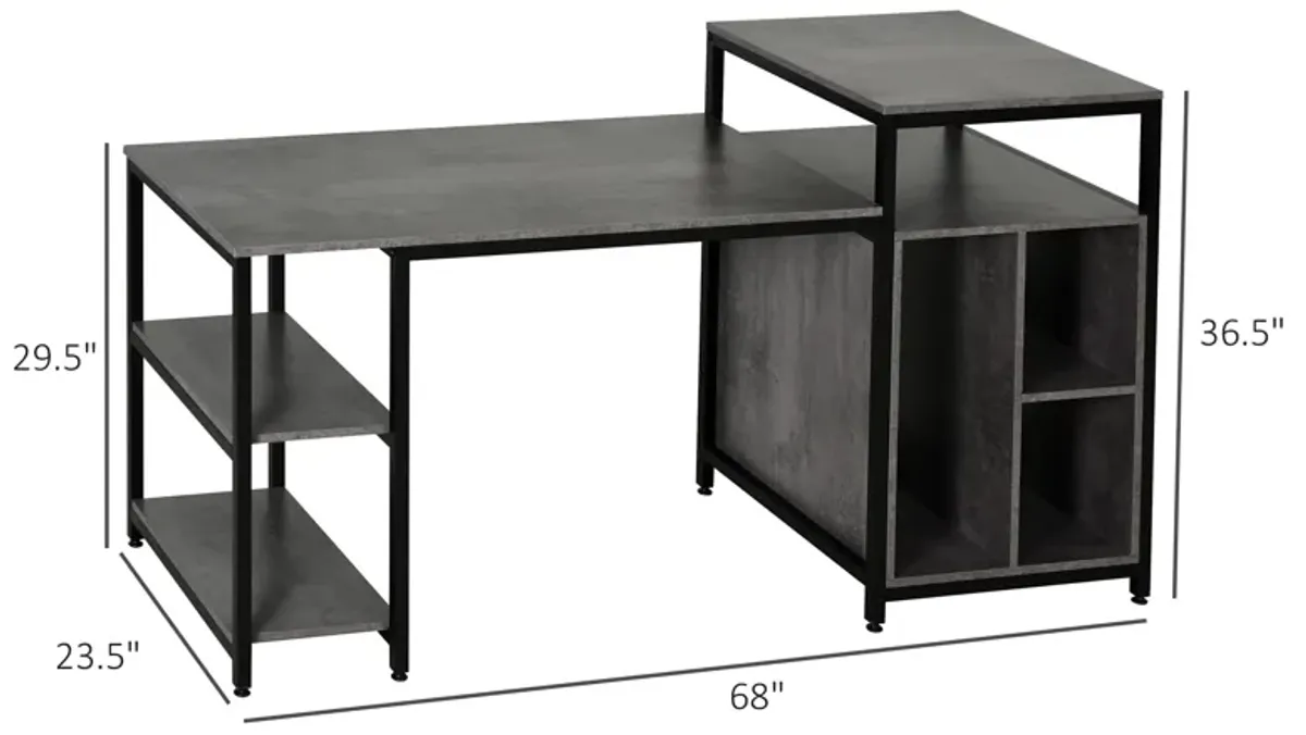 Computer Table with Shelves Home Office Desk Adjustable Feet, Wood Grain