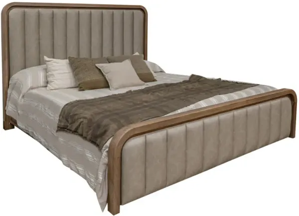 Okai Queen Bed, Channel Tufted Faux Leather Upholstery, Brown Solid Wood - Benzara
