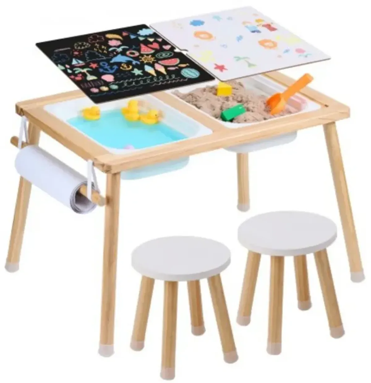 Sensory Table and Chairs Set – Wooden Kids Activity Table with 2 Stools, Bins & Paper Roll Holder for Indoor/Outdoor Sand & Water Play