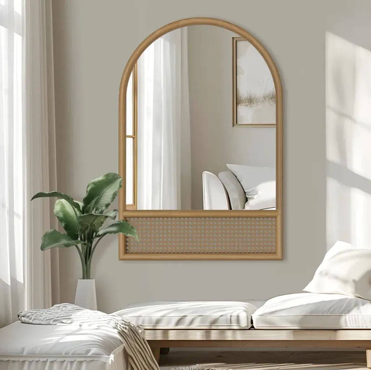 71*37in Rattan Bottom Arched Wood Framed Natural Color Full-length Mirror