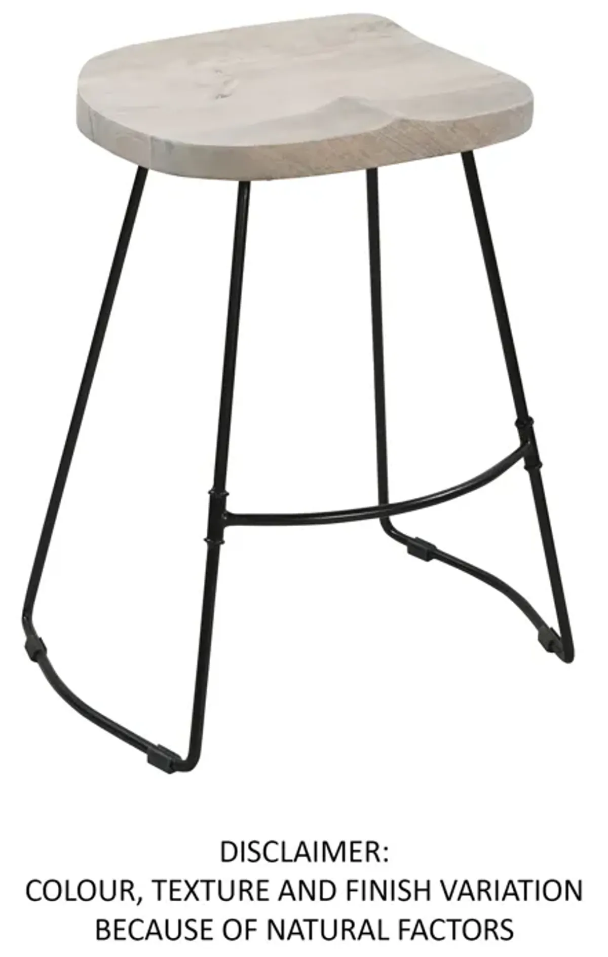 Tiva 24 Inch Handcrafted Backless Counter Height Stool, Whitewashed Mango Wood Saddle Seat, Black Metal Base-Benzara