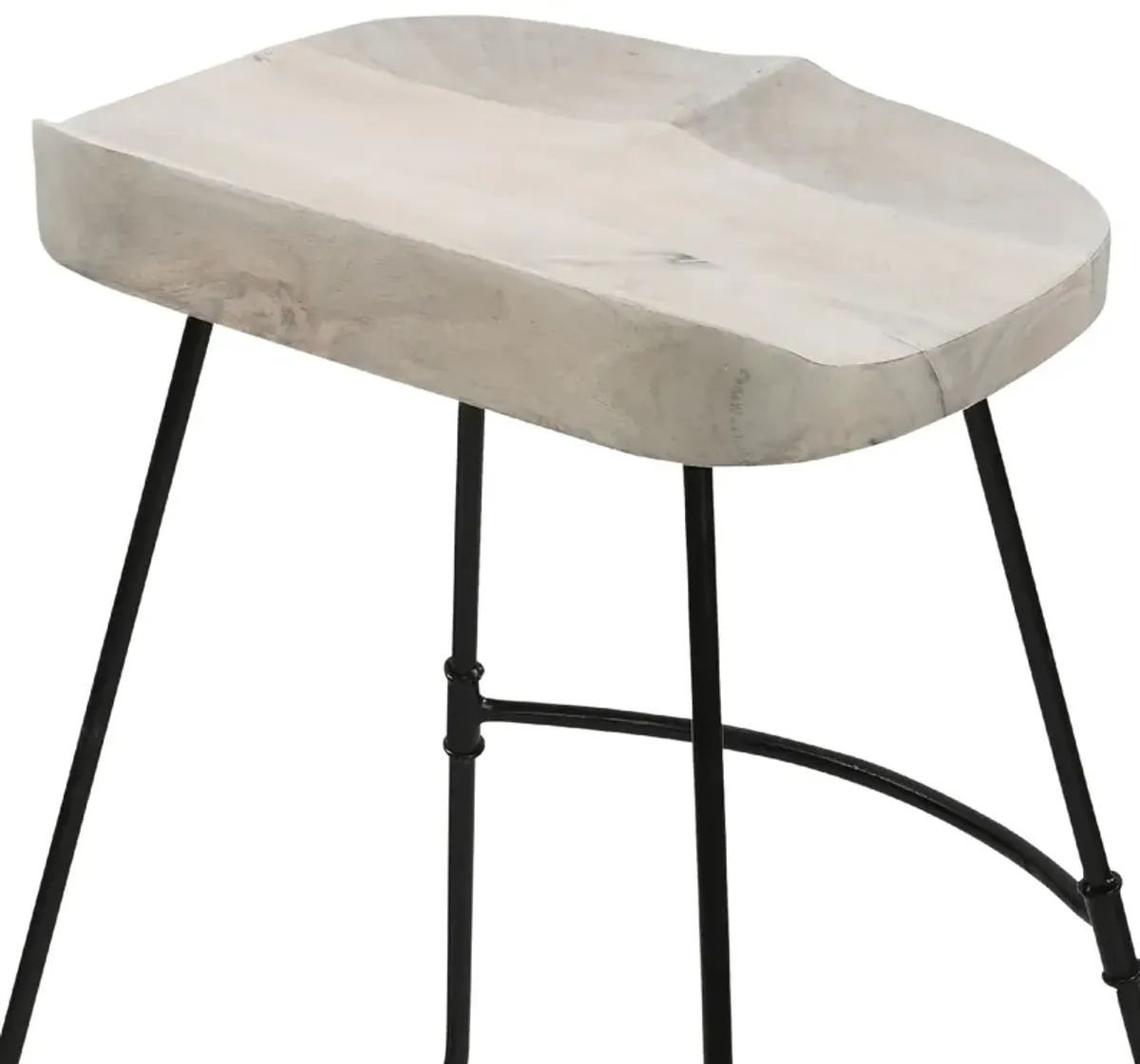 Tiva 24 Inch Handcrafted Backless Counter Height Stool, Whitewashed Mango Wood Saddle Seat, Black Metal Base-Benzara