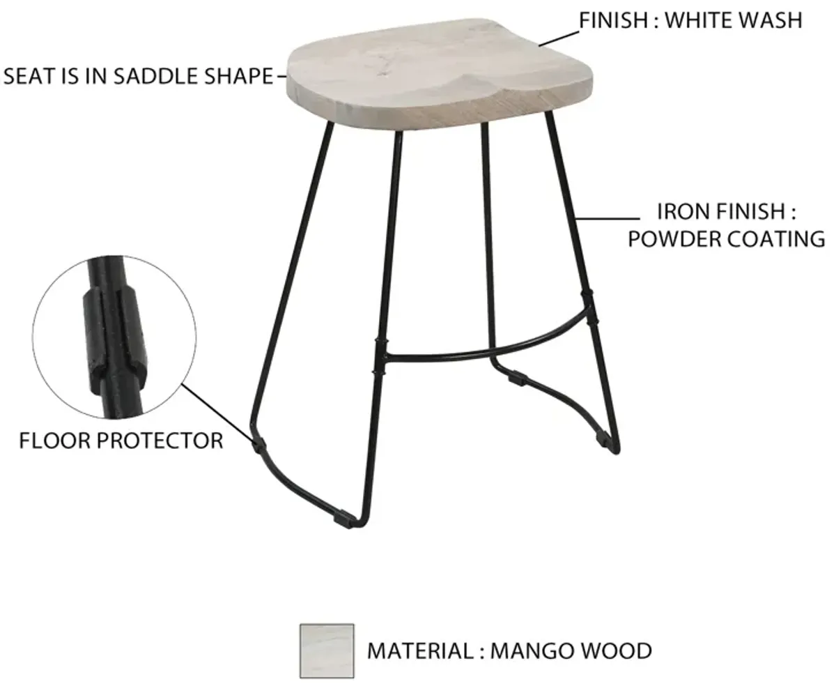 Tiva 24 Inch Handcrafted Backless Counter Height Stool, Whitewashed Mango Wood Saddle Seat, Black Metal Base-Benzara