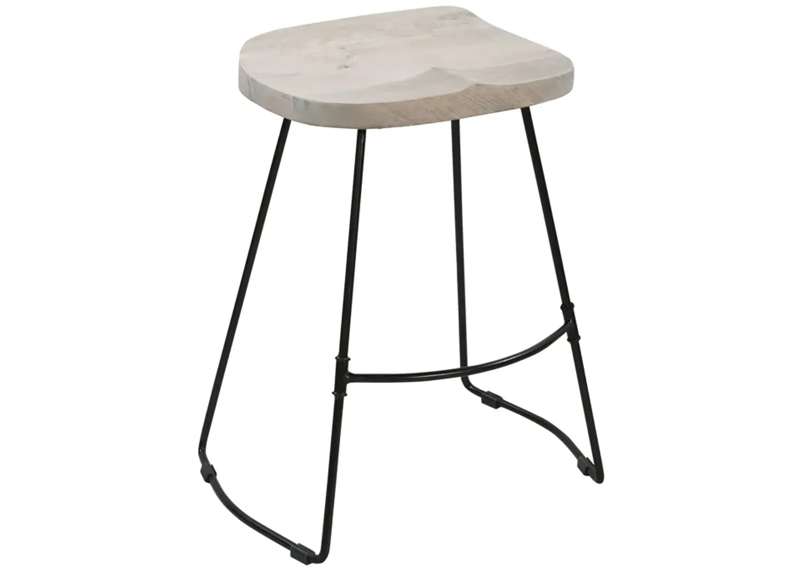 Tiva 24 Inch Handcrafted Backless Counter Height Stool, Whitewashed Mango Wood Saddle Seat, Black Metal Base-Benzara