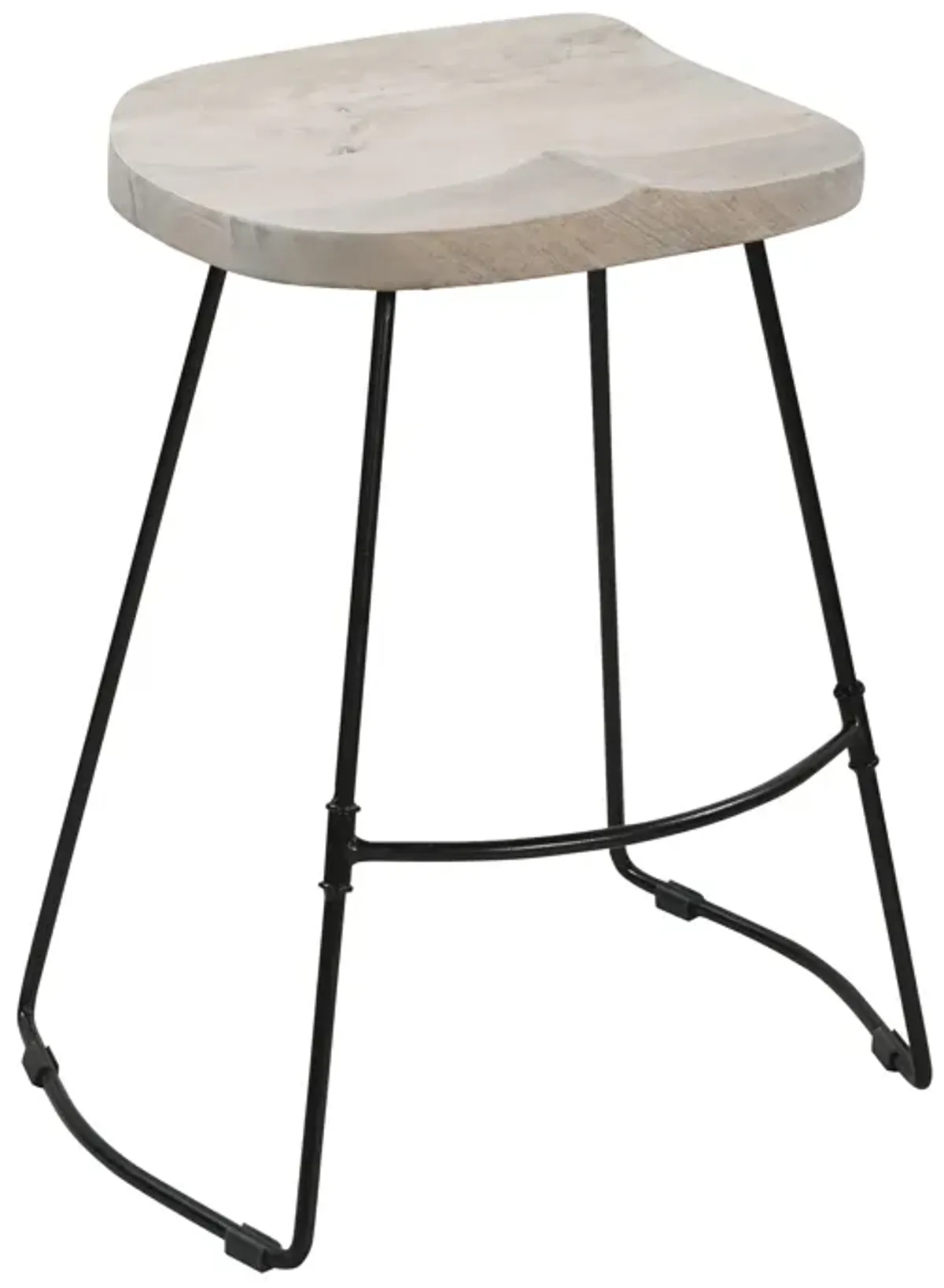 Tiva 24 Inch Handcrafted Backless Counter Height Stool, Whitewashed Mango Wood Saddle Seat, Black Metal Base-Benzara