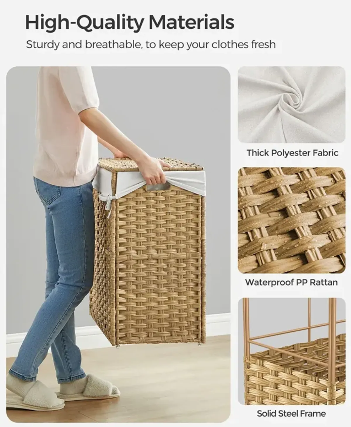 Handwoven 160L Rattan-Style Laundry Hamper with 3 Compartments and Removable Liner