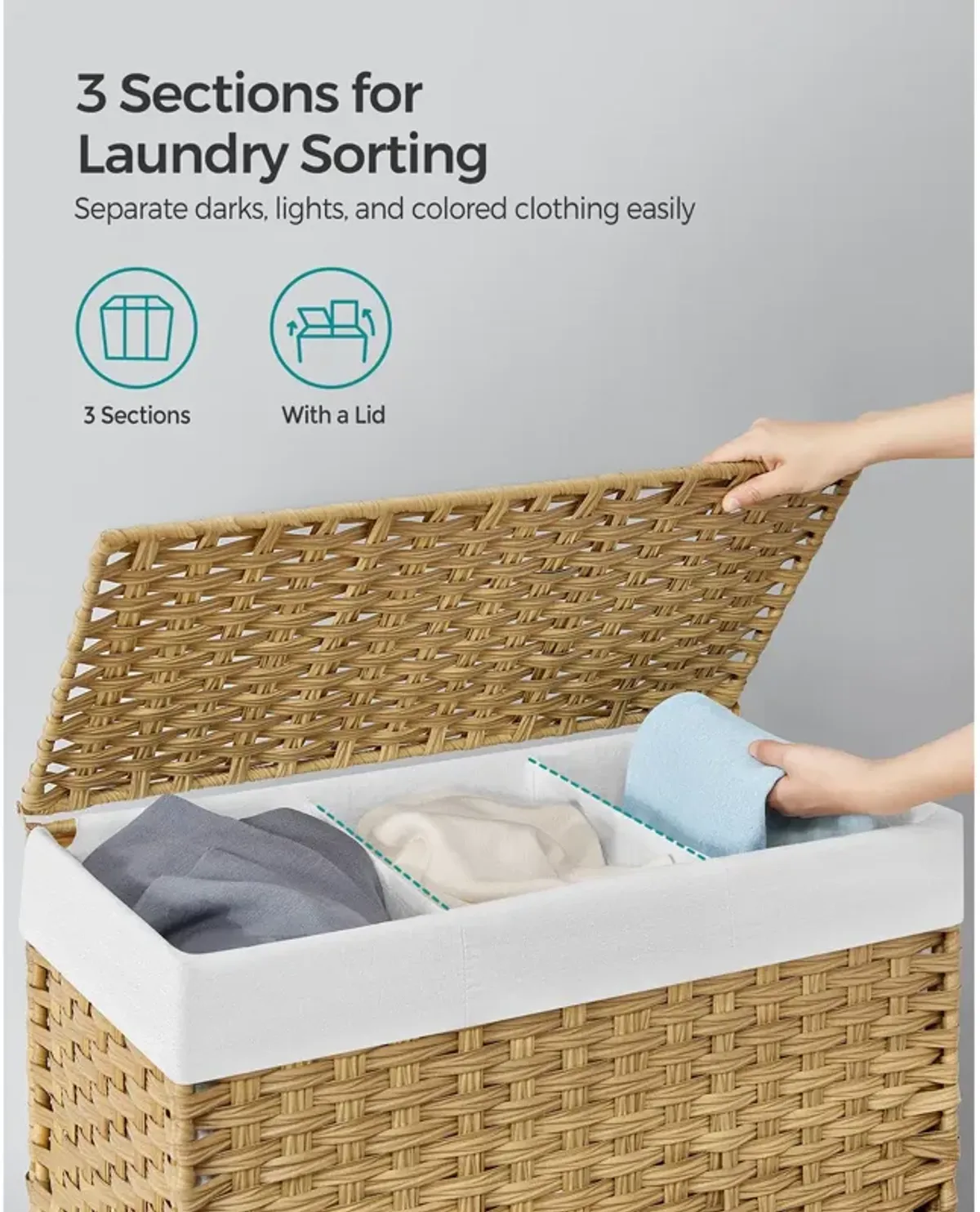 Handwoven 160L Rattan-Style Laundry Hamper with 3 Compartments and Removable Liner