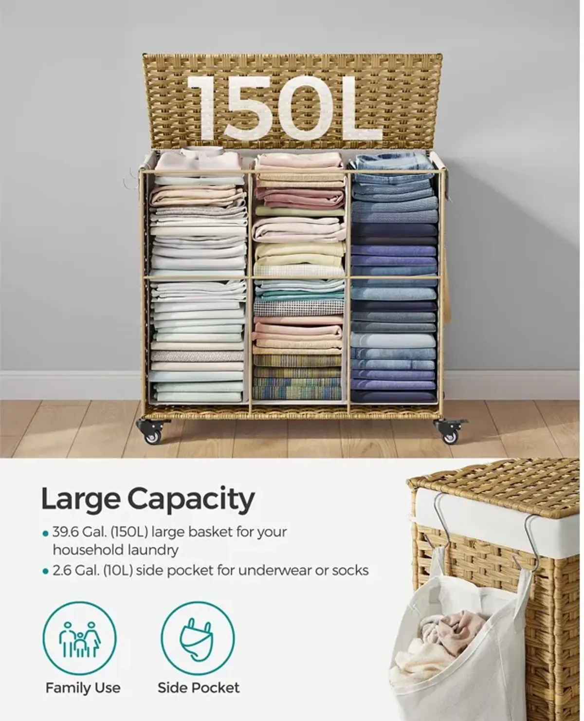 Handwoven 160L Rattan-Style Laundry Hamper with 3 Compartments and Removable Liner