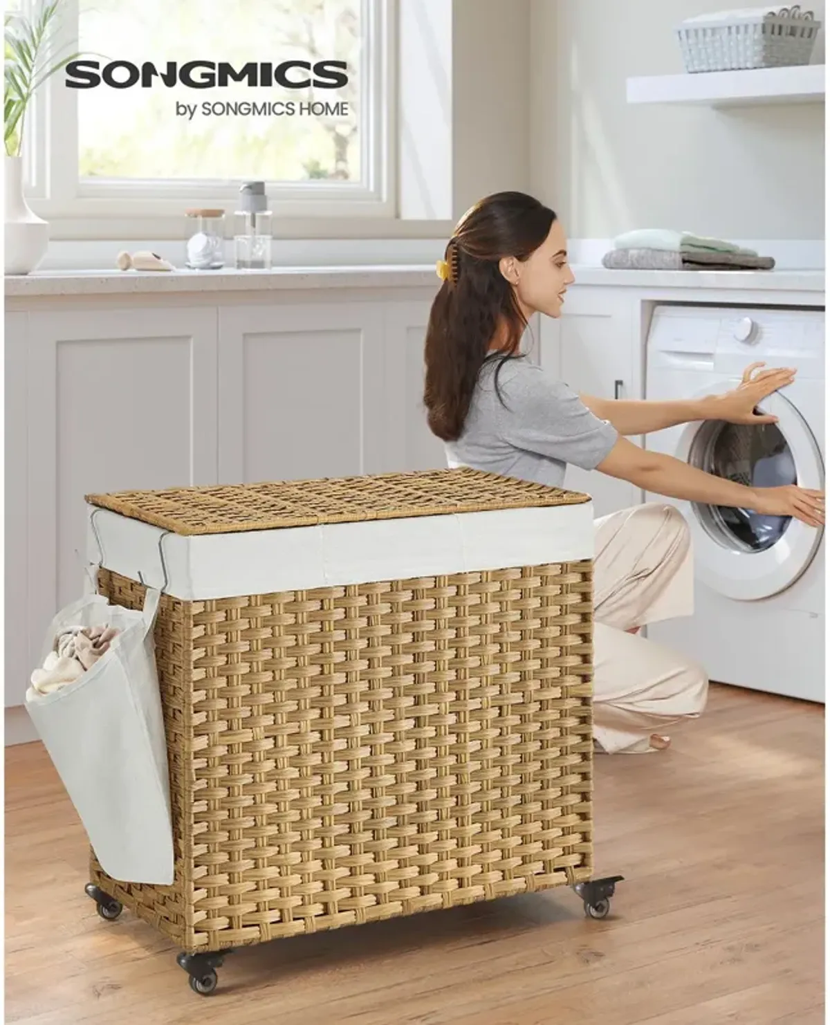 Handwoven 160L Rattan-Style Laundry Hamper with 3 Compartments and Removable Liner