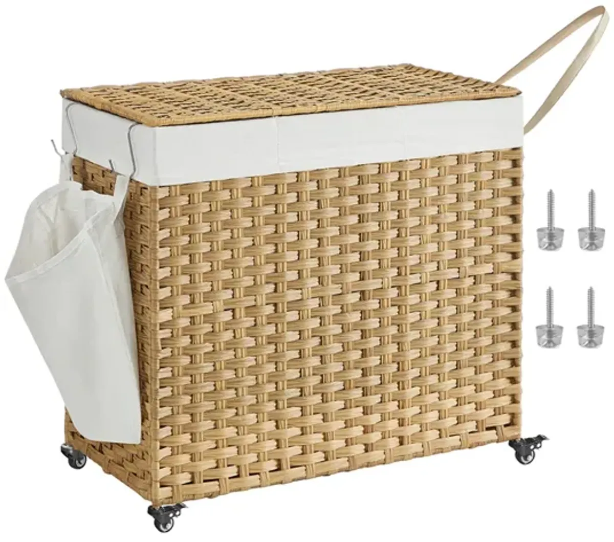 Handwoven 160L Rattan-Style Laundry Hamper with 3 Compartments and Removable Liner