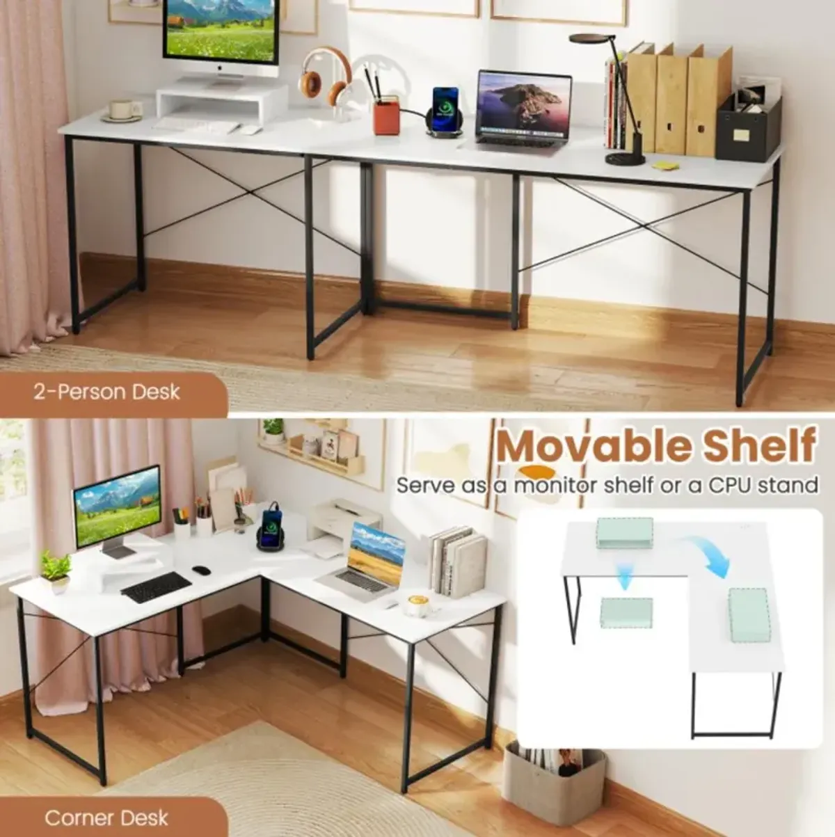 Hivvago 2-Person L-Shaped Long Reversible Computer Desk with Monitor Stand