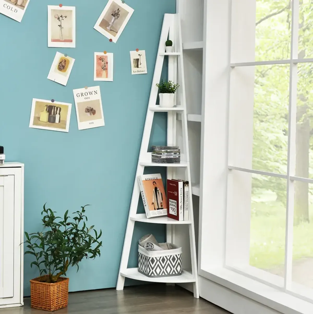 5-Tier Modern Corner Bookcase Shelf with Strong Wooden Frame-White