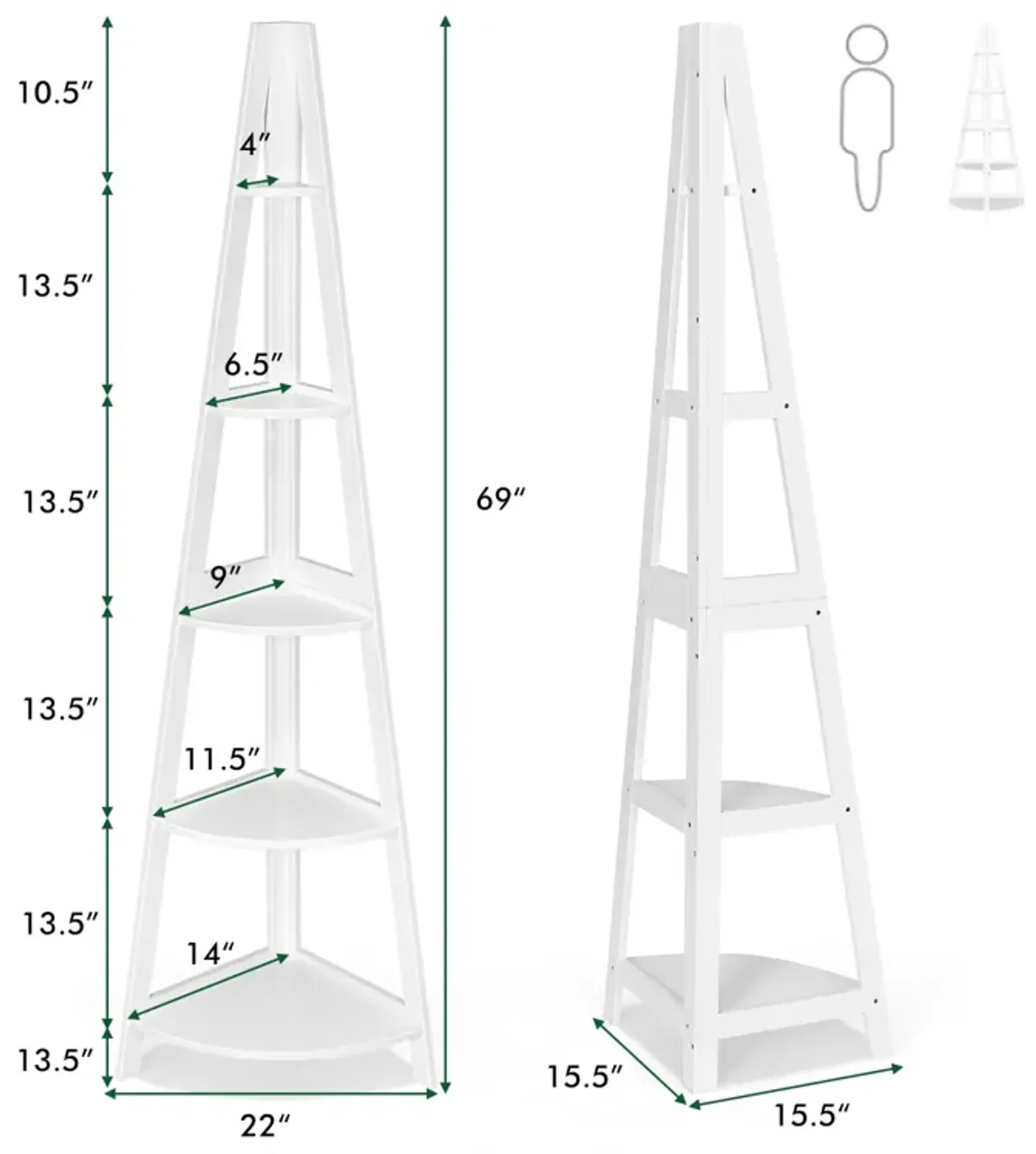 5-Tier Modern Corner Bookcase Shelf with Strong Wooden Frame-White