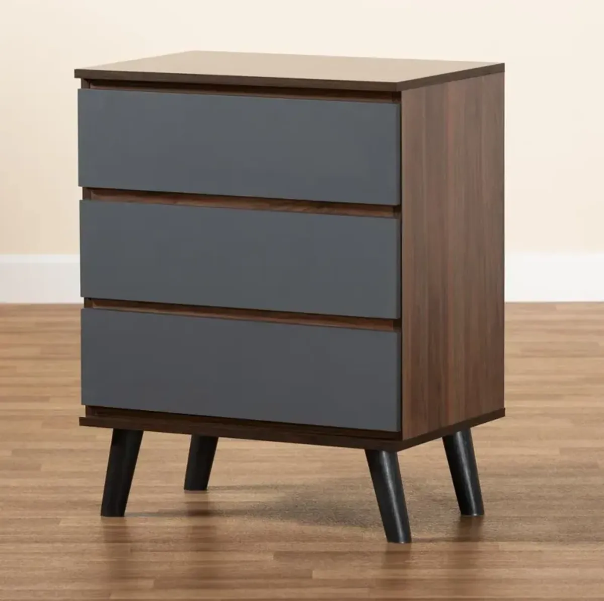 Two-Tone Walnut and Grey Finished Wood 3-Drawer Bedroom Chest