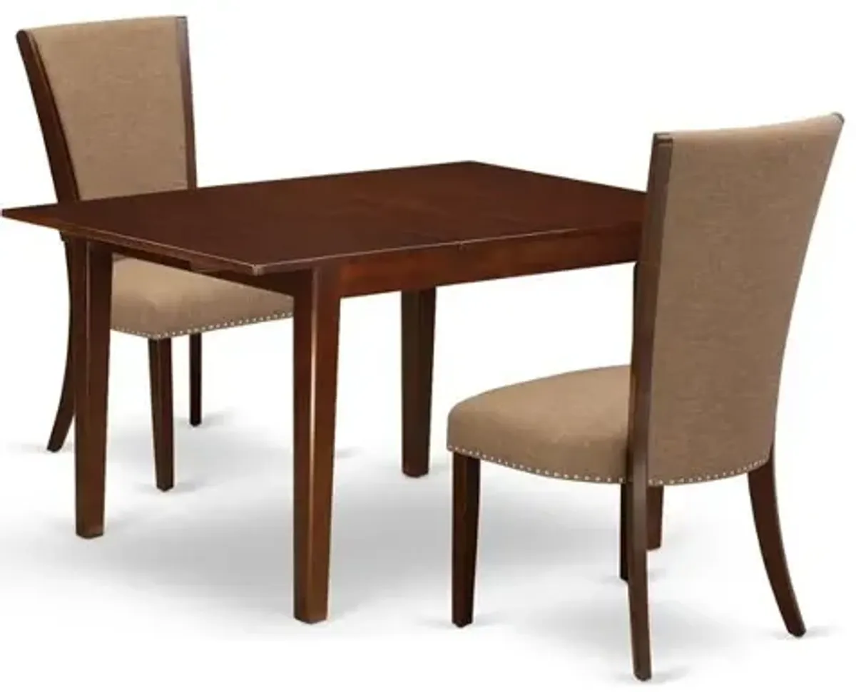 East-West Furniture MLVE3-MAH-47 - A kitchen dining table set of two fantastic kitchen chairs using Linen Fabric Light Sable color and an attractive 12 butterfly leaf rectangle kitchen table in Mahog"