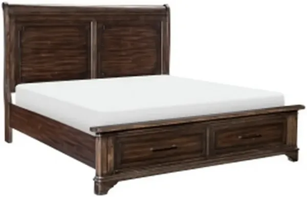 Amey Queen Size Bed, Rustic Style Panel Headboard, 2 Storage Drawers, Brown - Benzara