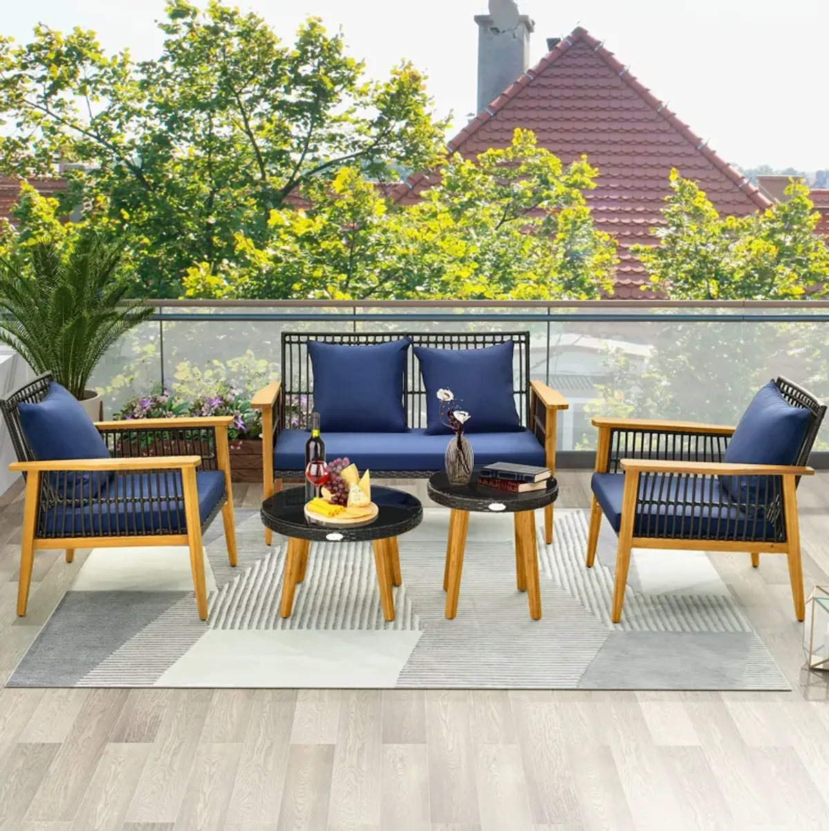 5 Piece Outdoor Conversation Set with 2 Coffee Tables for Backyard Poolside-Navy