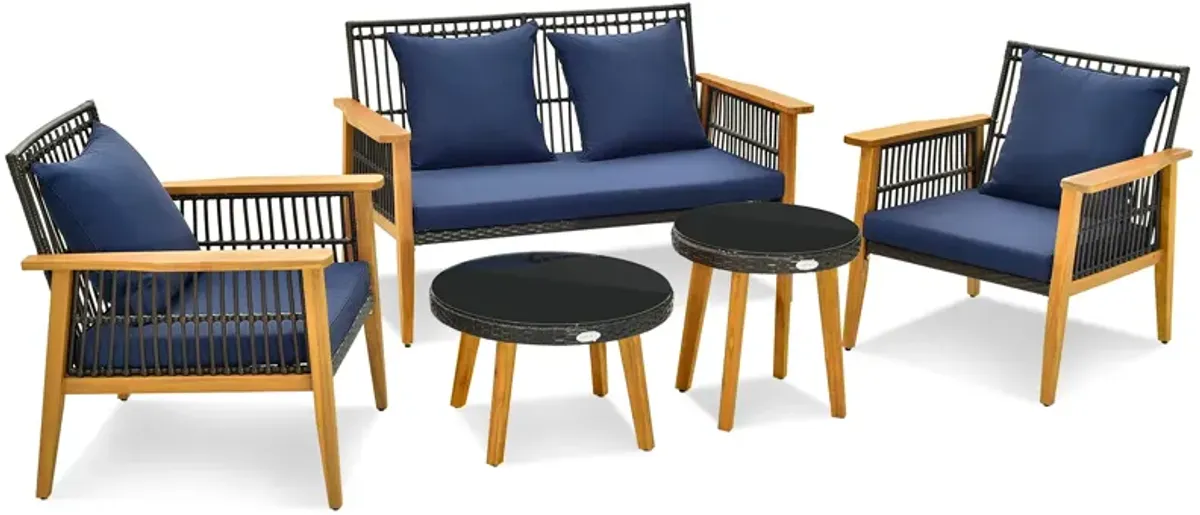 5 Piece Outdoor Conversation Set with 2 Coffee Tables for Backyard Poolside-Navy