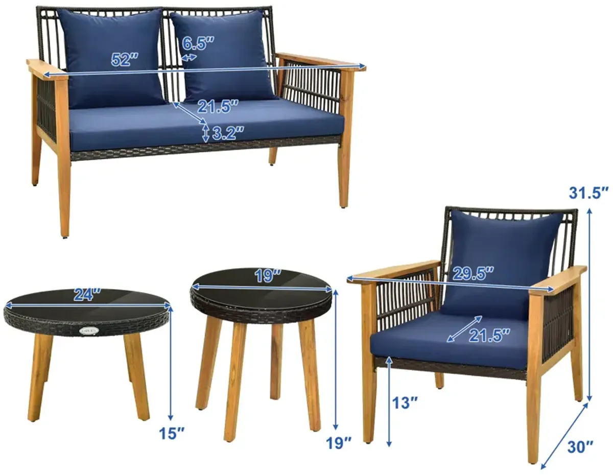 5 Piece Outdoor Conversation Set with 2 Coffee Tables for Backyard Poolside-Navy