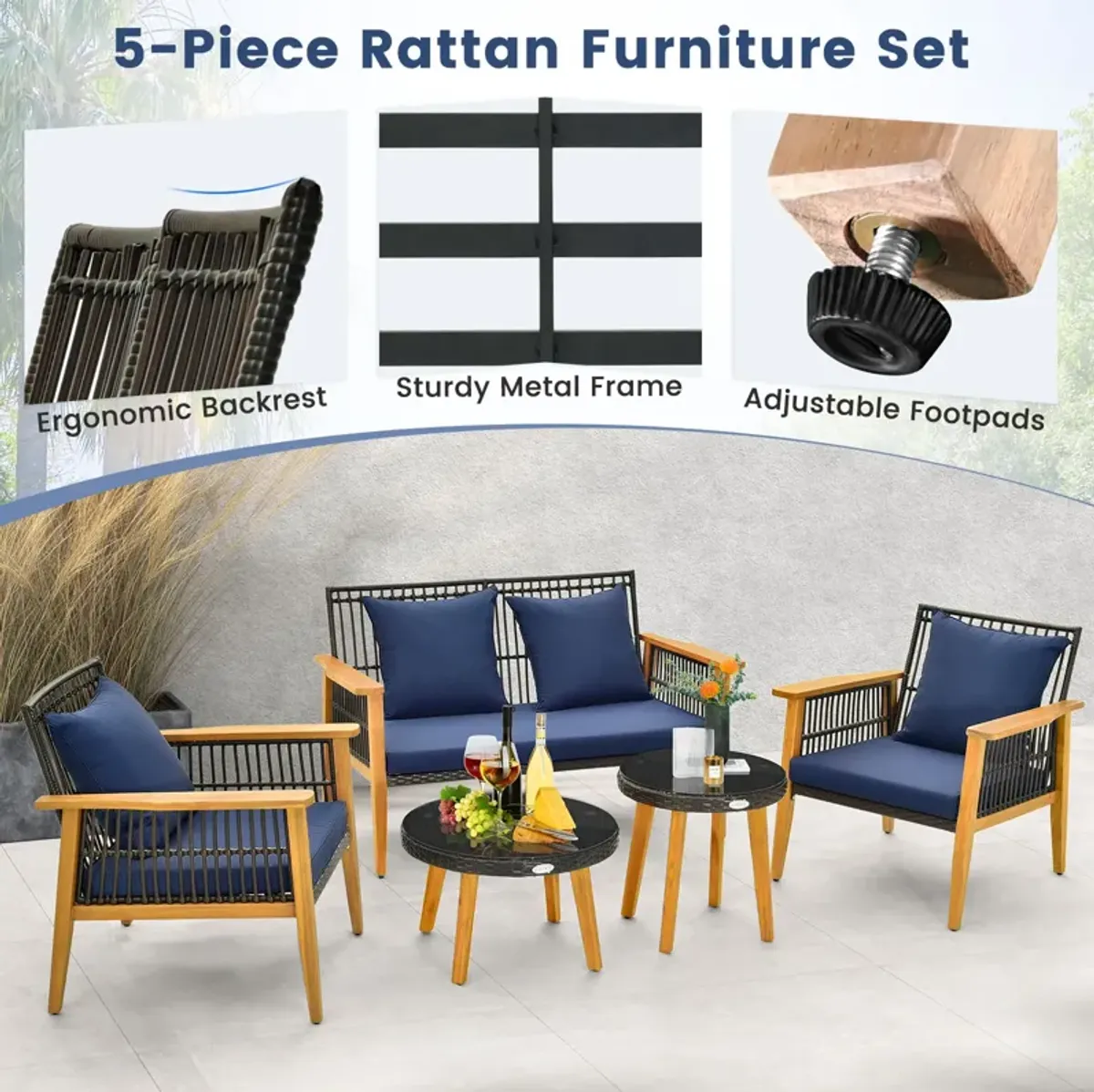 5 Piece Outdoor Conversation Set with 2 Coffee Tables for Backyard Poolside-Navy