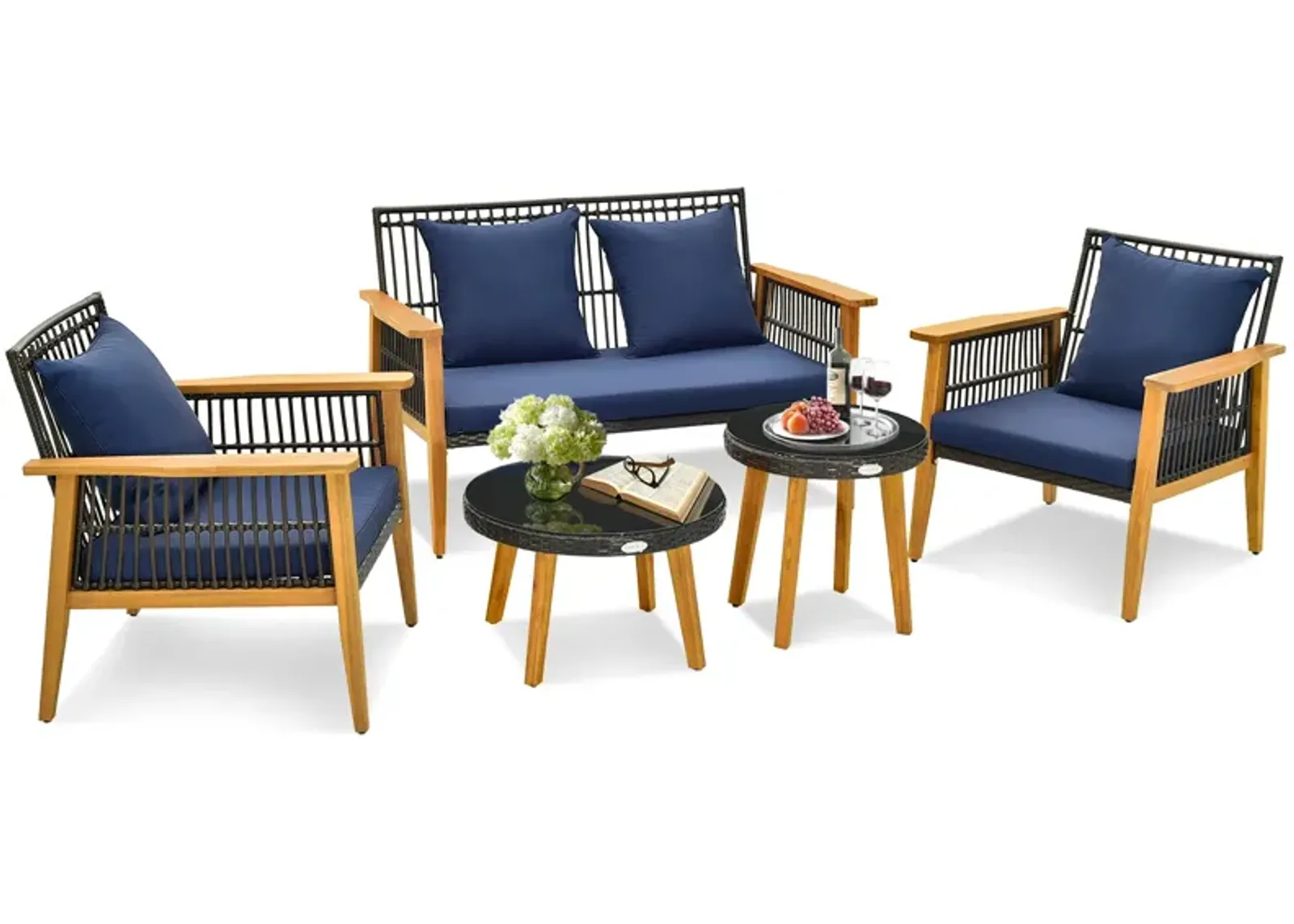 5 Piece Outdoor Conversation Set with 2 Coffee Tables for Backyard Poolside-Navy