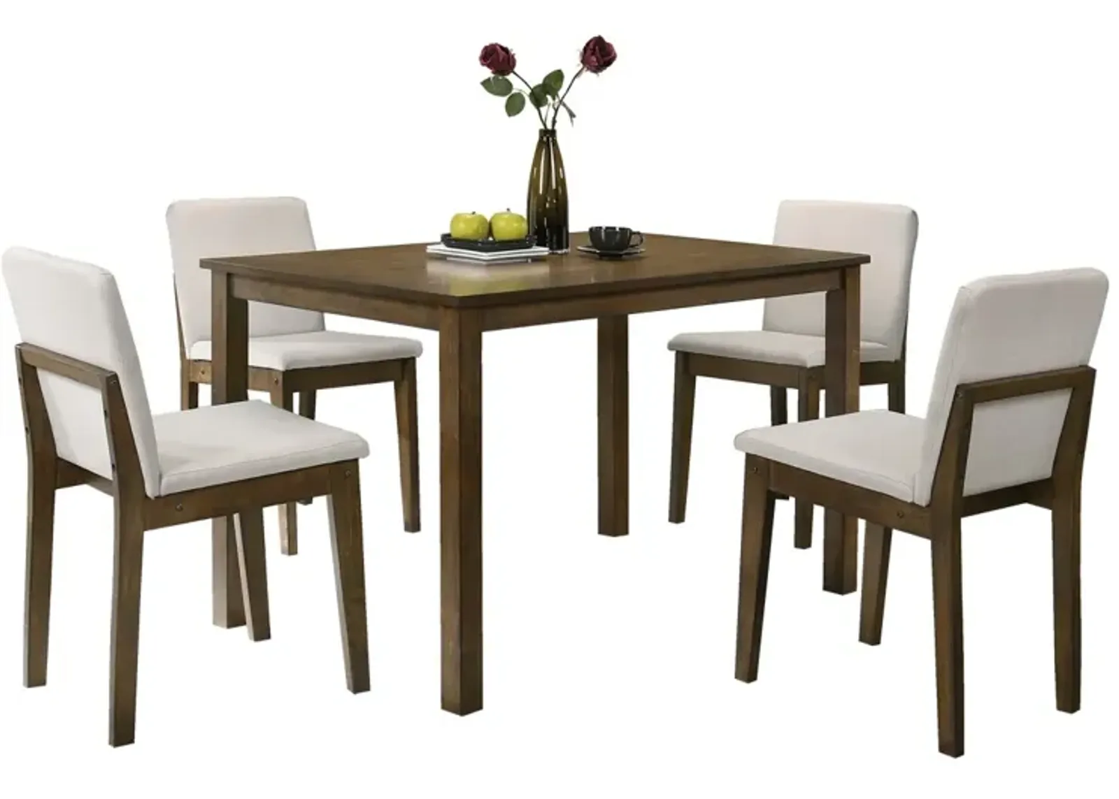 Dark Walnut Finish 5pc Dining Room Set Dining Table 4x Chairs Beige Fabric Chair Seat Kitchen Breakfast Dining room Furniture Rubberwood Veneer Unique Design