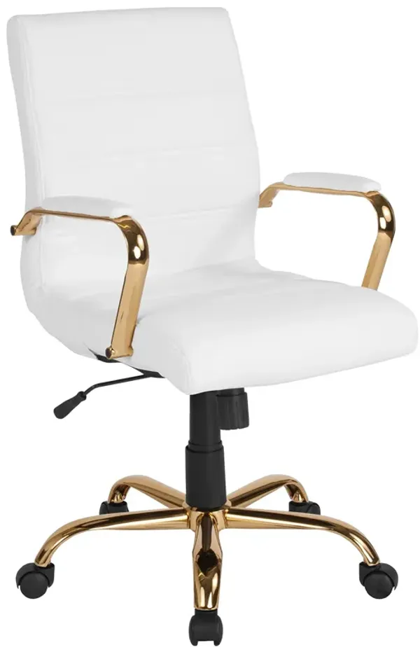 Flash Furniture Whitney Mid-Back Desk Chair - White LeatherSoft Executive Swivel Office Chair with Gold Frame - Swivel Arm Chair