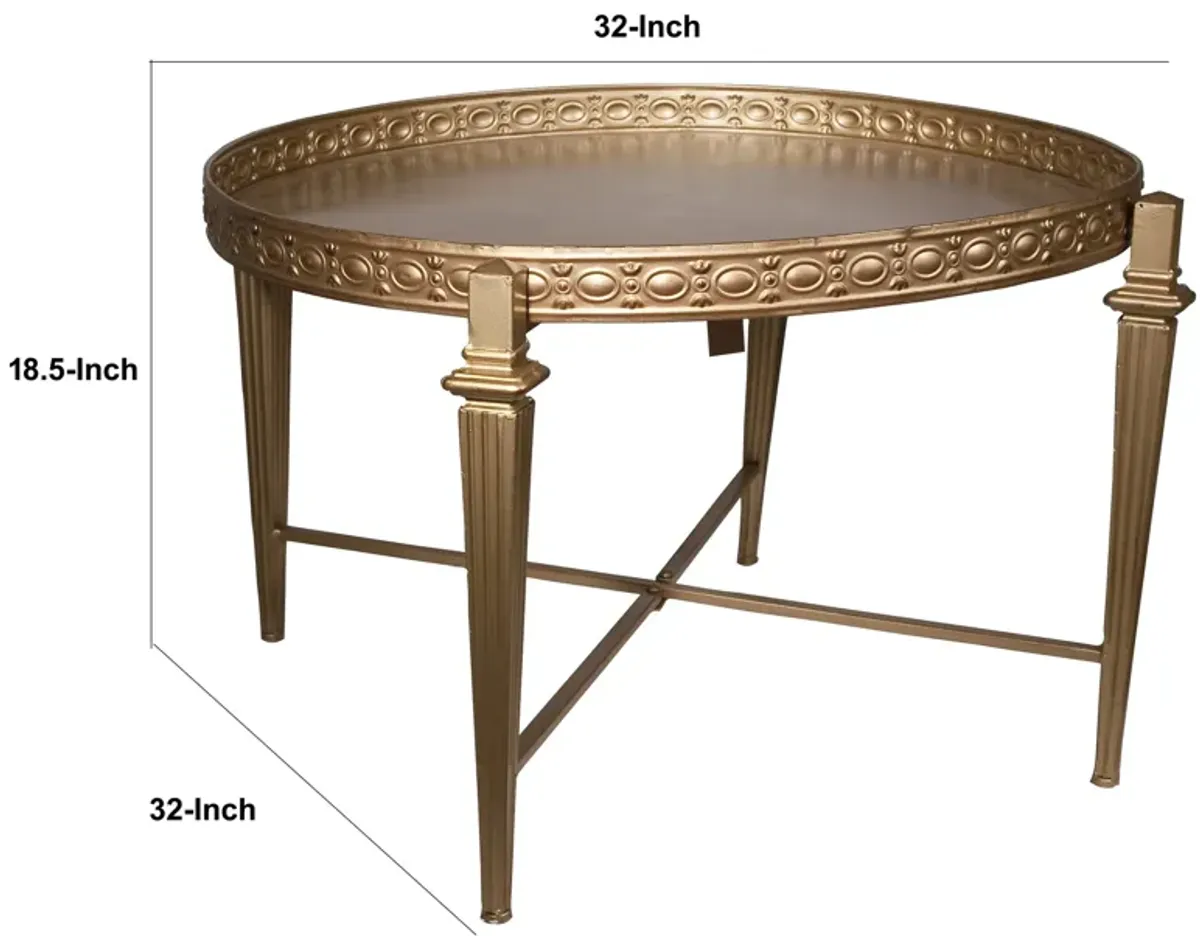 32 Inch Metal Cocktail Table, Circular Pattern Edged Round Top, Copper-Benzara