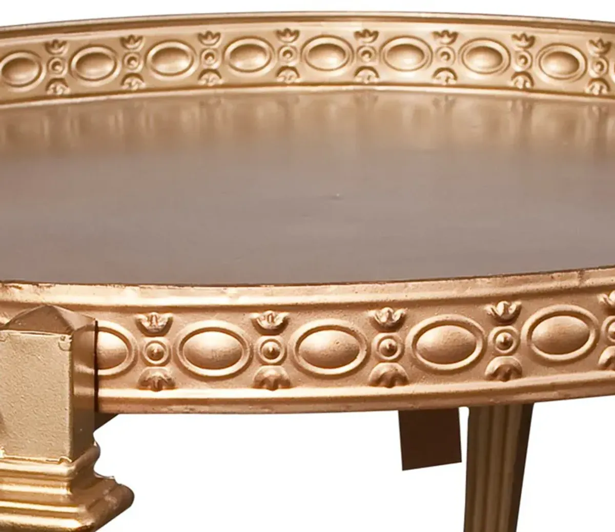 32 Inch Metal Cocktail Table, Circular Pattern Edged Round Top, Copper-Benzara