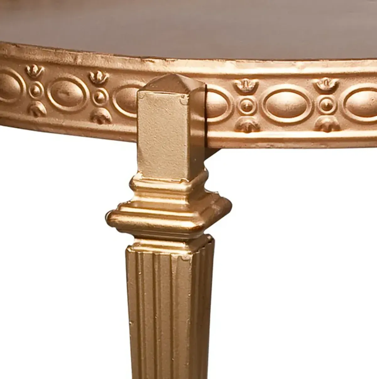 32 Inch Metal Cocktail Table, Circular Pattern Edged Round Top, Copper-Benzara