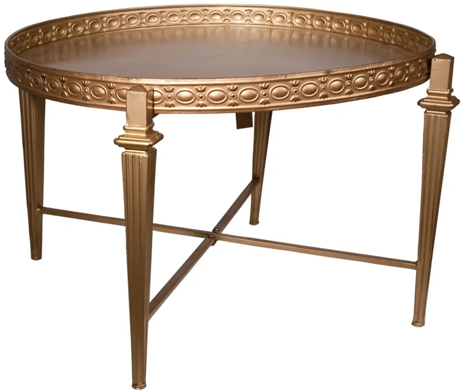 32 Inch Metal Cocktail Table, Circular Pattern Edged Round Top, Copper-Benzara