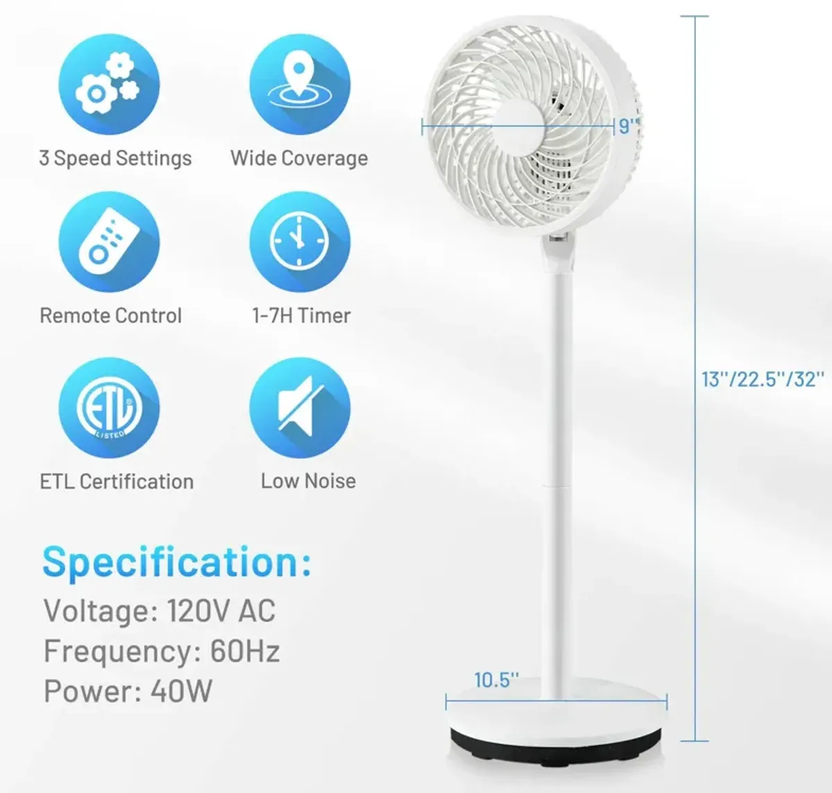 Portable Oscillating Pedestal Floor Fan with Adjustable Heights and Speeds