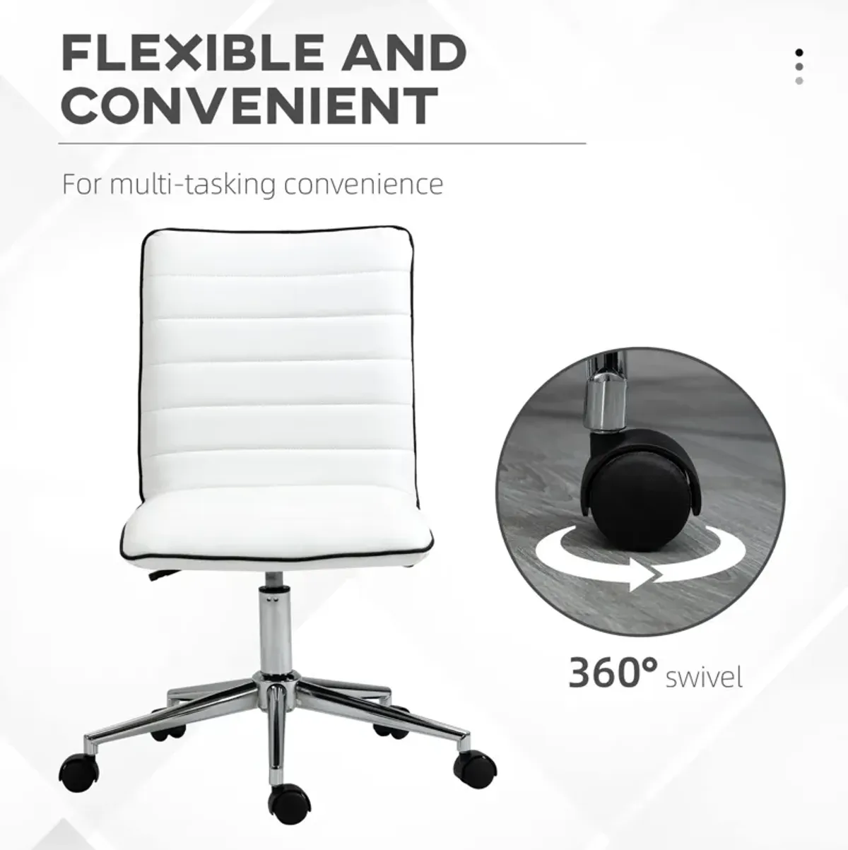 White Office Swivel: Designer Armless Task Chair with Ribbed Leather